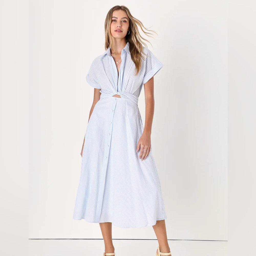 Lulu's Light Blue and White Striped Midi Shirt Dress